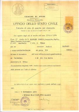 Ufficio Dello Stato Civile - Certidão de estado civil emitida em 09/09/1954.
