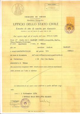 Ufficio Dello Stato Civile - Certidão de estado civil emitida em 09/09/1954.