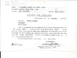 Aviso de Férias da Fundação Palácio das Artes a Sergio Magnani - 22/11/1973.