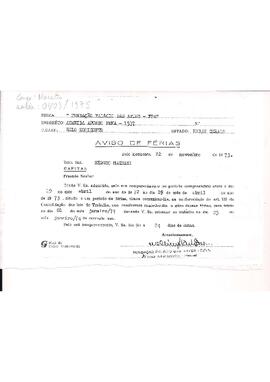 Aviso de Férias da Fundação Palácio das Artes a Sergio Magnani - 22/11/1973.