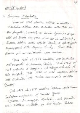 Carta aparentemente não enviada por Sergio Magnani à sua cunhada Jolanda Chiarvasio Magnani, manuscrita por desconhecido e com breve inscrição e assinatura de Sergio Magnani no final, contendo seu currículo. Data posterior a 1993, com envelope aberto e sem selos.