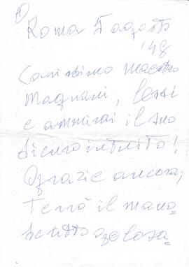 Cópia manuscrita por Sergio Magnani em letras grandes da carta e do cartão - [s. d.].