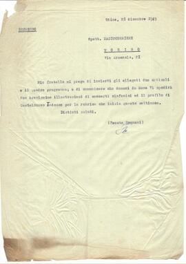 Carta de Fausto Magnani à RAI. Udine - 28/12/1949.