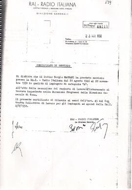 Carta de declaração de prestação de serviços à RAI - 23/11/1950.