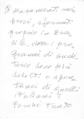 Rascunho de correspondência que está numerado de 3 a 8 e no qual faltam páginas no princípio e no fim Magnani faz sugestões para a programação da RAI com o objetivo de elevar o nível da programação.  [s. d.].