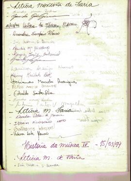 UFMG / CECOM Ensino / Graduação Matrícula Relação Provisória de alunos por turma. Disciplina TGM016 História da Música IV - Período Letivo 94/1 - 1994. Caderno com assinaturas dos alunos. Lista de presença.