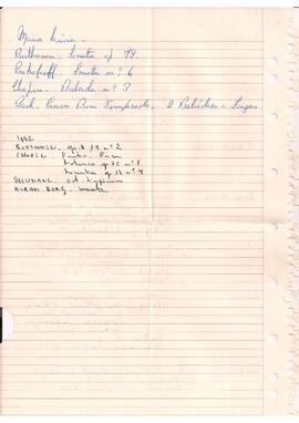 Lista manuscrita de alunos do Curso de Especialização em Piano, da Escola de Música da Universidade Federal de Minas Gerais, contendo seus nomes e repertório: Lídia Limp, Regina Stela (Campos do Amaral), Tânia Mara (Lopes Cançado), Lígia Becker, Lucas (Bretas), Hiram (Amarante), Eunice (Taveira), Maria Lúcia (Colen) e Magdala (Costa).