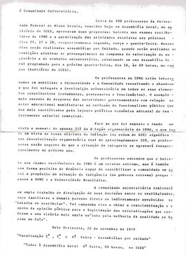 Carta aberta à Comunidade Universitária, convocando para boicote ao vestibular e greve.