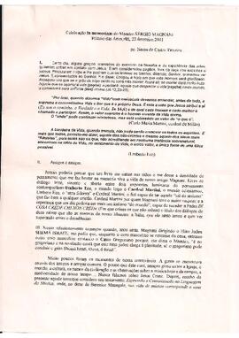 TEIXEIRA, Padre Nereu de Castro. Programa da Celebração in memoriam Maestro Magnani. Belo Horizonte. Palácio das Artes.  Anexo bilhete manuscrito dirigido a Berenice Menegale.
