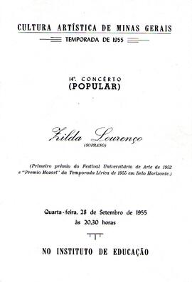 Cultura Artística de Minas Gerais. Temporada de 1955. 14º Concerto (Popular). Hilda Lourenço (sop...