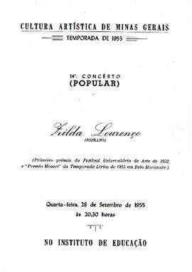 Cultura Artística de Minas Gerais. Temporada de 1955. 14º Concerto (Popular). Hilda Lourenço (soprano). Sergio Magnani (piano). Instituto da Educação..