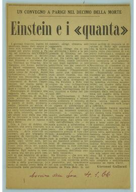 Recortes de artigos publicados em jornais italianos guardados por Dr. Valentino Magnani, com os títulos Evoluzione del Metodo Scientifico, Da Galileo ai Giorni Nostri, e Un Convegno a Parigi nel Decimo Della Morte, Einstein e i “quanta”.