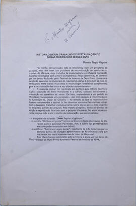 MAGNANI, Sergio. Histórico de um trabalho de restauração de obras musicais do século XVIII.