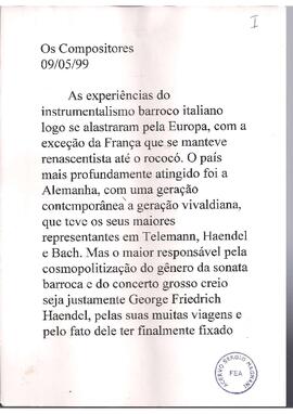Barroco: Haendel: Concerto Grosso nº 11 e 10. Paisagens Musicais: Espanha – Albeniz e Manuel de Falla.