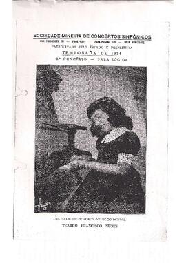 Sociedade Mineira de Concertos Sinfônicos. Temporada de 1954. 31°Concerto. Solistas Maria Regina Luponi e Belkiss Spenzieri Carneiro de Mendonça. Regente Sergio Magnani. Teatro Francisco Nunes.