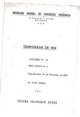 Sociedade Mineira de Concertos Sinfônicos,Temporada de 1958. Concerto N°25, Série Popular N°9.  R...