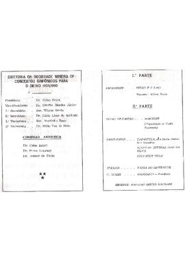 Sociedade Mineira de Concertos Sinfônicos. Temporada de Concertos de 1959. Concerto N° 25, Série Popular N° 9. Solistas Juvenal Dias, flauta e Salvador Villa, clarineta. Narração Wilson Simão. Salão de Vidro do Uberaba Tênis Clube, Uberaba.