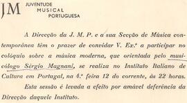 Convite da Juventude Musical Portuguesa para participação do público no colóquio sobre música mod...