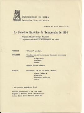 Universidade da Bahia. Seminários Livres de Música. 5º Concerto Sinfônico da Temporada de 1964. R...