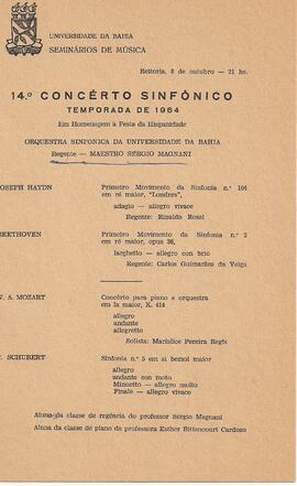 Universidade da Bahia. Seminários de Música. 14º Concerto Sinfônico. Temporada de 1964. Reitoria ...