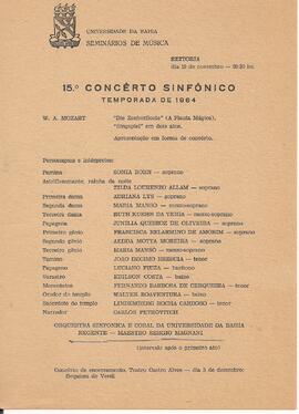 Universidade da Bahia. Seminários de Música. 15º Concerto Sinfônico. Temporada de 1964. Reitoria ...