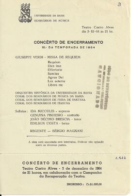 Universidade da Bahia. Seminários de Música. Concerto de Encerramento 16º da Temporada de 1964. T...