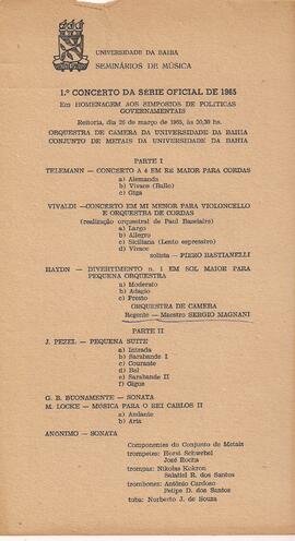 Universidade da Bahia. Seminários de Música. 1º Concerto da Série Oficial de 1965. Orquestra de C...