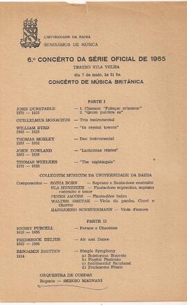 Universidade da Bahia. Seminários de Música. 6º Concerto da Série Oficial de 1965. Teatro Vila Ve...