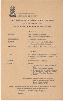 Universidade da Bahia. Seminários de Música. 12º Concerto da Série Oficial de 1965. Salão Nobre d...