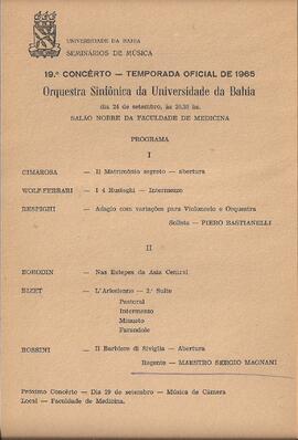 Universidade da Bahia. Seminários de Música. 19º Concerto da Série Oficial de 1965. Orquestra Sin...