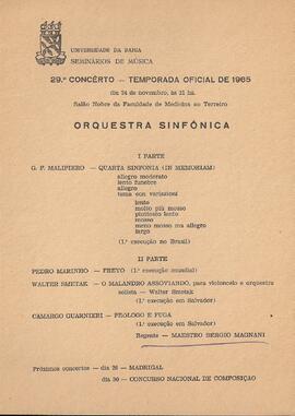 Universidade da Bahia. Seminários de Música. 29º Concerto - Temporada Oficial de 1965. Salão Nobr...