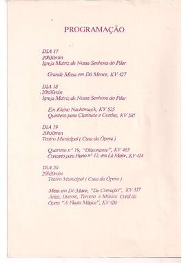 Festival Mozart. Ano IV. Programação Grêmio Literário Tristão de Ataíde. Orquestra Sinfônica de Minas Gerais, Madrigal Ouro Preto e solistas. Ouro Preto.