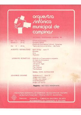 Outubro Temporada Oficial 78. Teatro Cultura Artística, São Paulo,  SP. Orquestra Sinfônica Municipal de  Campinas. Pianista: Vera Astrachan. Regente: Sérgio Magnani.