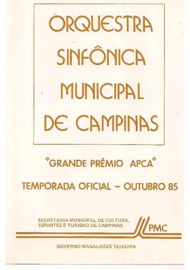 Grande Prêmio da Associação Paulista dos Críticos de Arte. Temporada Oficial - Outubro 85. Centro de Convivência Cultural de Campinas, SP. Orquestra Sinfônica Municipal de Campinas. Solista: Ivo Meyer. Regente convidado: Sérgio Magnani.