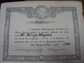 Diploma de sócio da Academia Municipalista de Letras de Minas Gerais - Belo Horizonte.