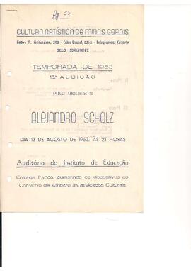 Cultura Artística de Minas Gerais. Temporada de 1953, 16ª Audição.  Sergio Magnani piano, Alejandro Scholtz violino. Instituto Estadual de Educação de Minas Gerais.