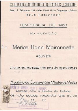 Cultura Artística de Minas Gerais. Temporada de 1953. 20º Audição. Sergio Magnani piano e Merice Hann Maisonnette violinista. Auditório do Conservatório Mineiro de Música.
