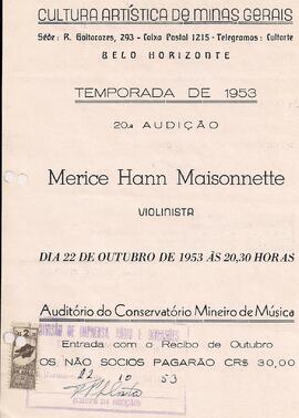 Cultura Artística de Minas Gerais. Temporada de 1953. 20º Audição. Sergio Magnani piano e Merice ...