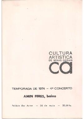 Cultura Artística de Minas Gerais. Temporada de 1974 - 4º Concerto. Sergio Magnani ao piano e Amin Feres no baixo. Palácio das Artes.