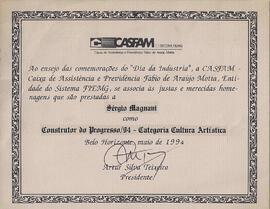 Homenagem do Sistema FIEMG a Sergio Magnani como Construtor do Progresso/1994, Categoria Cultura ...
