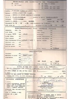 Rescisão de contrato de trabalho da Fundação Palácio das Artes, em que consta sua admissão em 19/04/1972 e saída em 01/03/1975, tendo exercido o cargo de maestro e com autorização para recebimento do Fundo de Garantia por Tempo de Serviço (FGTS).
