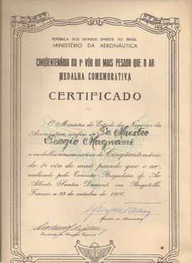 Diploma da Medalha Comemorativa do Cinquentenário do 1° Voo do Mais Pesado que o Ar, assinado pel...