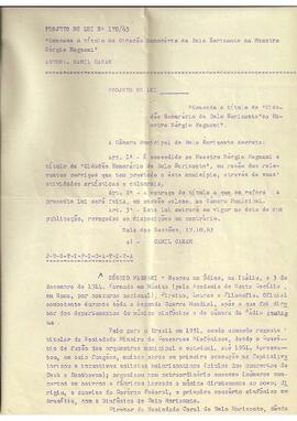Cópia do Projeto de Lei n° 170/63, de Camil Caram, concedendo o título de Cidadão Honorário de Belo Horizonte a Sergio Magnani pela Câmara Municipal de Belo Horizonte - 17/10/63.
