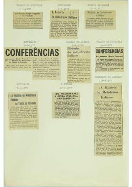 História do melodrama italiano. Recortes de jornais de Portugal sobre as conferências/concerto de Sergio Magnani no Teatro Trindade de Lisboa.