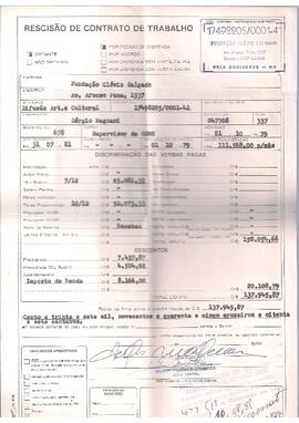 Rescisão de contrato de trabalho da Fundação Clóvis Salgado em que consta sua admissão em 01/10/1979 e desligamento em 31/07/1981, tendo exercido o cargo de supervisor da Orquestra Sinfônica de Minas Gerais.